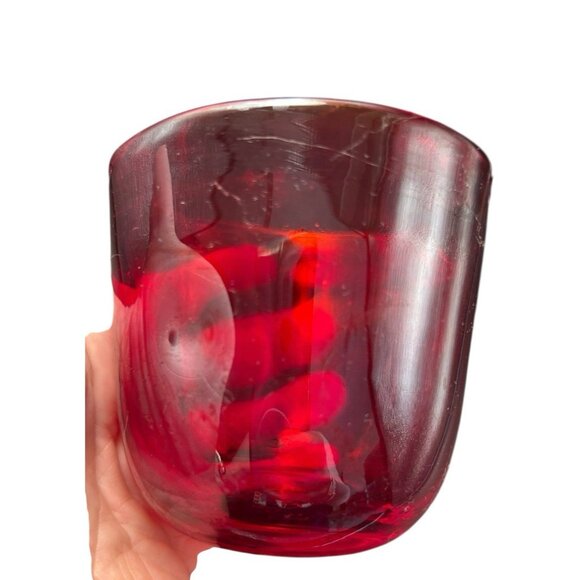 Pair Votive Candle Holder Red Dimple Glass Hand Blown Thick wall 3" Blenko? MCM - Picture 3 of 9